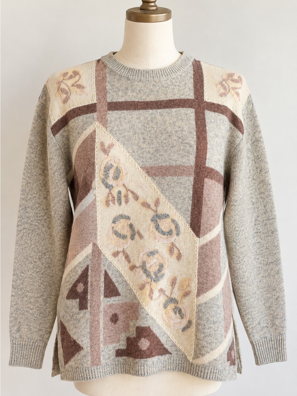 Vintage Anne Klein Lambswool Floral Patchwork Sweater Large Fall Cottagecore
